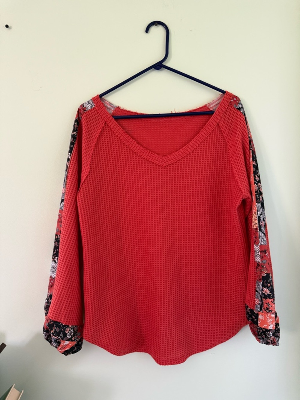 Boho V-Neck Waffle Knit Top with Printed Sleeve Detail